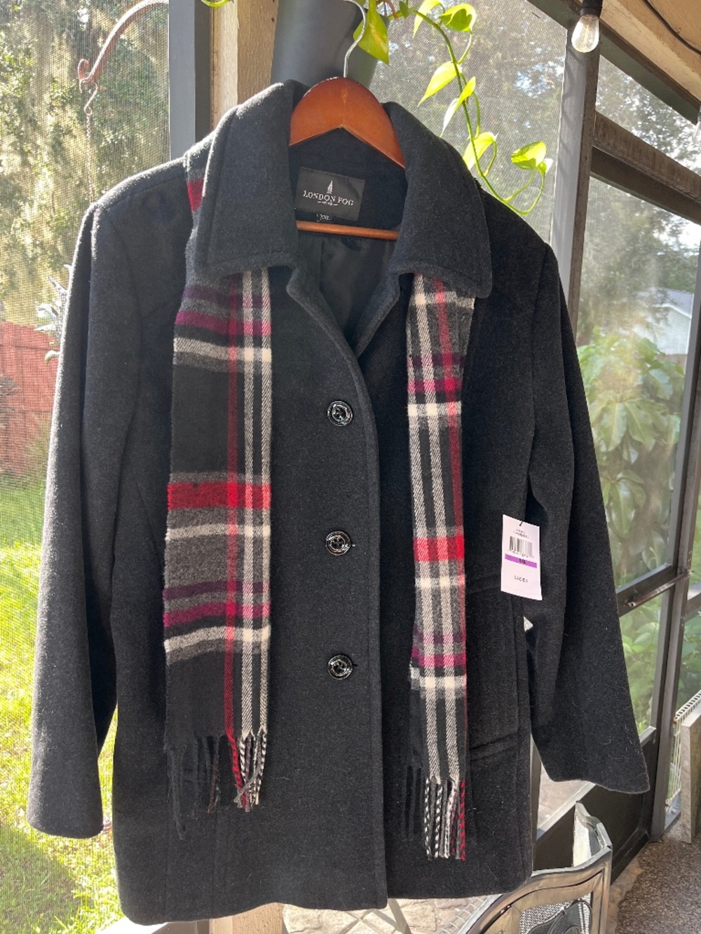 London Fog XXL Single Breasted charcoal Wool Blend Peacoat Plaid Fringe Scarf